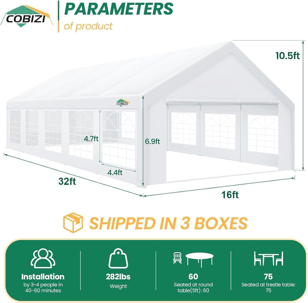 COBIZI 16x32 Heavy Duty Party Tent Outdoor Waterproof Canopy with 14 Church Windows & 10 Sidewalls, Built-in Sandbag, White Powder Coating Commercial Event Shelter Tents for Parties Wedding BBQ Patio