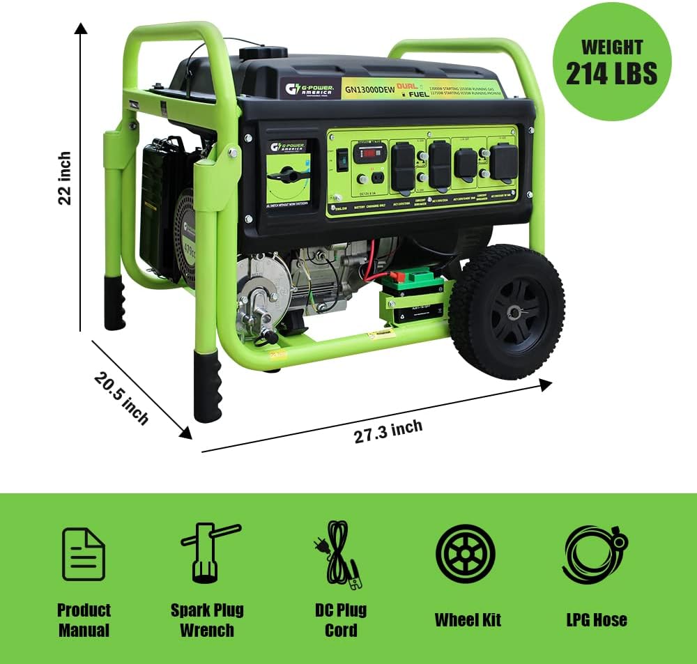 Green-Power America 13000 Watt Dual Fuel Portable Generator, Gas & Propane Powered, Electric Start, Backup Power for Home Emergency, RV Camping & Outdoor Use