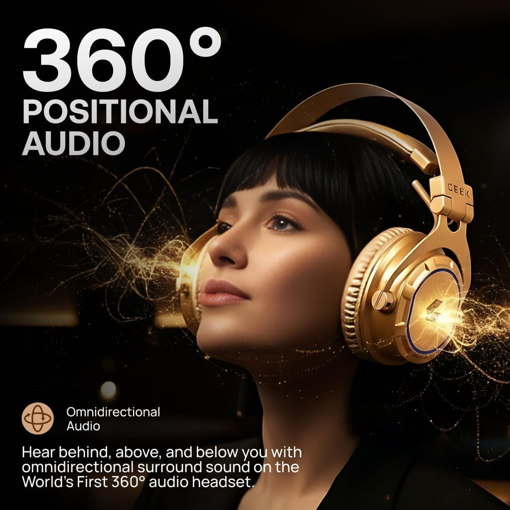 CEEK Wireless Bluetooth Headphones Over Ear with Noise Cancelling, 360° Surround Sound, Foldable Design & Detachable Mic - Headphones for Gym, Gaming, Music & Travel with Earth Shaking Bass - Gold.