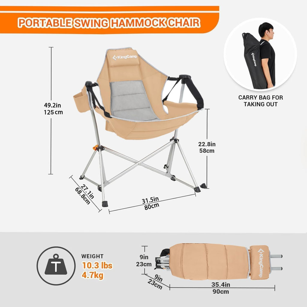 KingCamp Hammock Camping Chair, Swinging Portable Camp Chairs for Adults, 400lbs Heavy Duty Oversized Folding Rocking Chair with Adjustable Recline, Aluminum Alloy Frame for Outdoor Patio Beach Sport