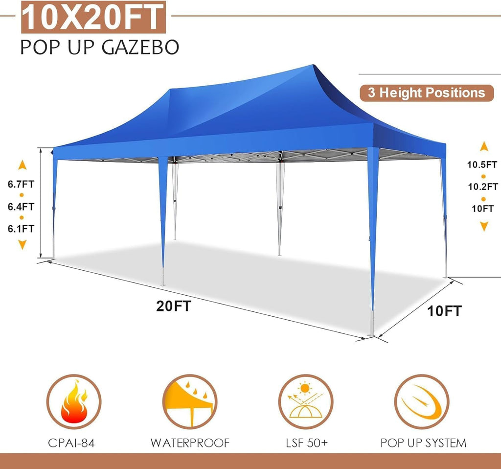 COBIZI 10x20 Pop Up Canopy with 6 Sidewalls,10x20 Canopy Tent Frame Upgraded with 3 Adjustable Heights,Waterproof UV50+ Outdoor Party Commercial Ez Up Gazebos with Carry Bag(10 x 20 ft Blue)