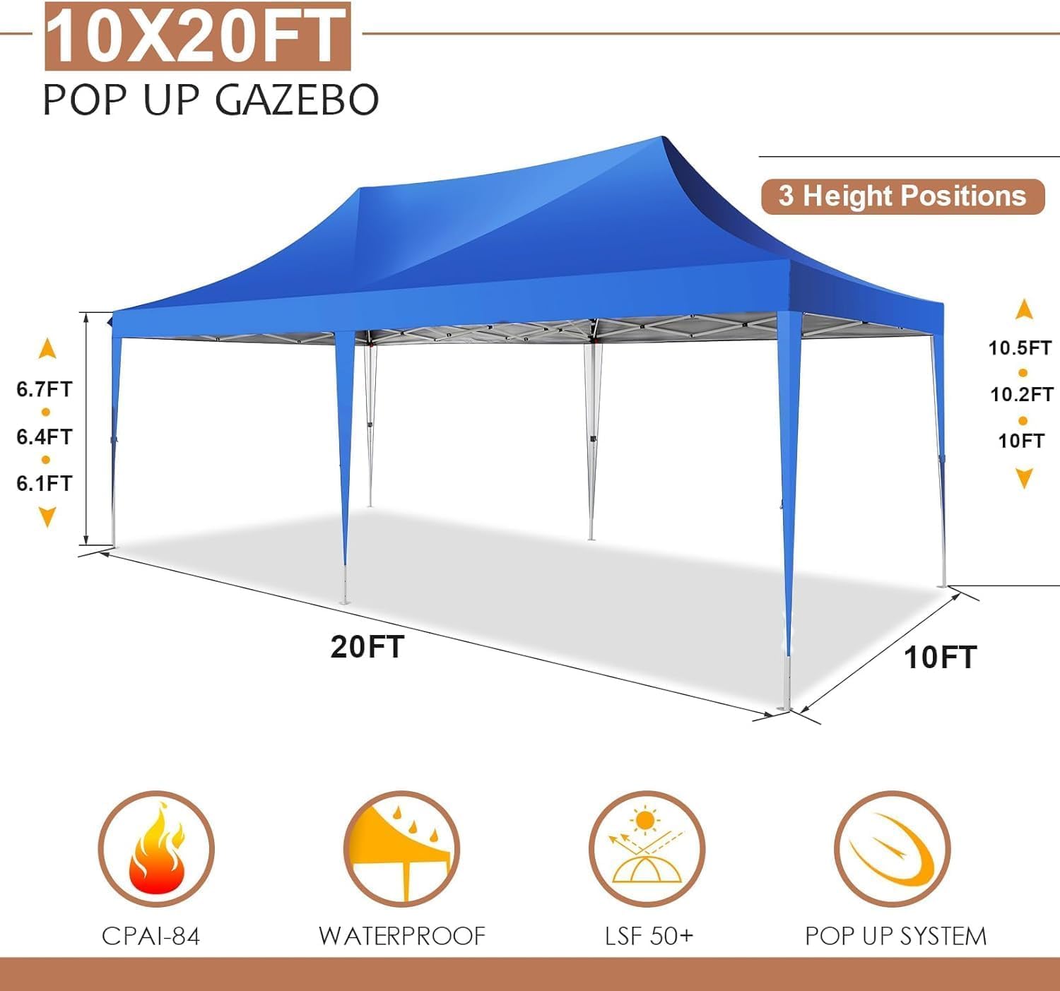 COBIZI 10x20 Pop Up Canopy with 6 Sidewalls,10x20 Canopy Tent Frame Upgraded with 3 Adjustable Heights,Waterproof UV50+ Outdoor Party Commercial Ez Up Gazebos with Carry Bag(10 x 20 ft Blue)