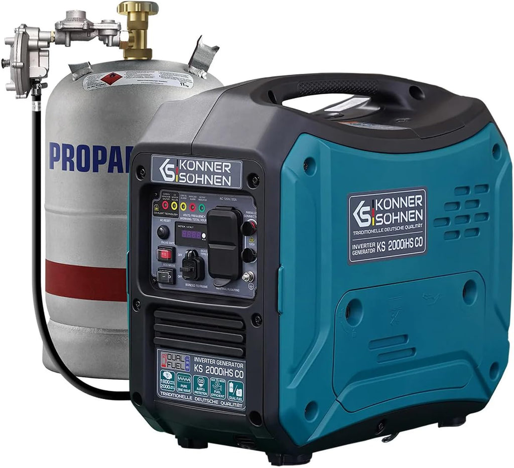 Konner&Sohnen Inverter Generator - 2000 W, Dual Fuel, Lightweight and Portable, Super Quiet with CO Sensor and Fuel-Efficient Technology, LPG/Gas Powered (German brand, model: KS 2000iHS CO)