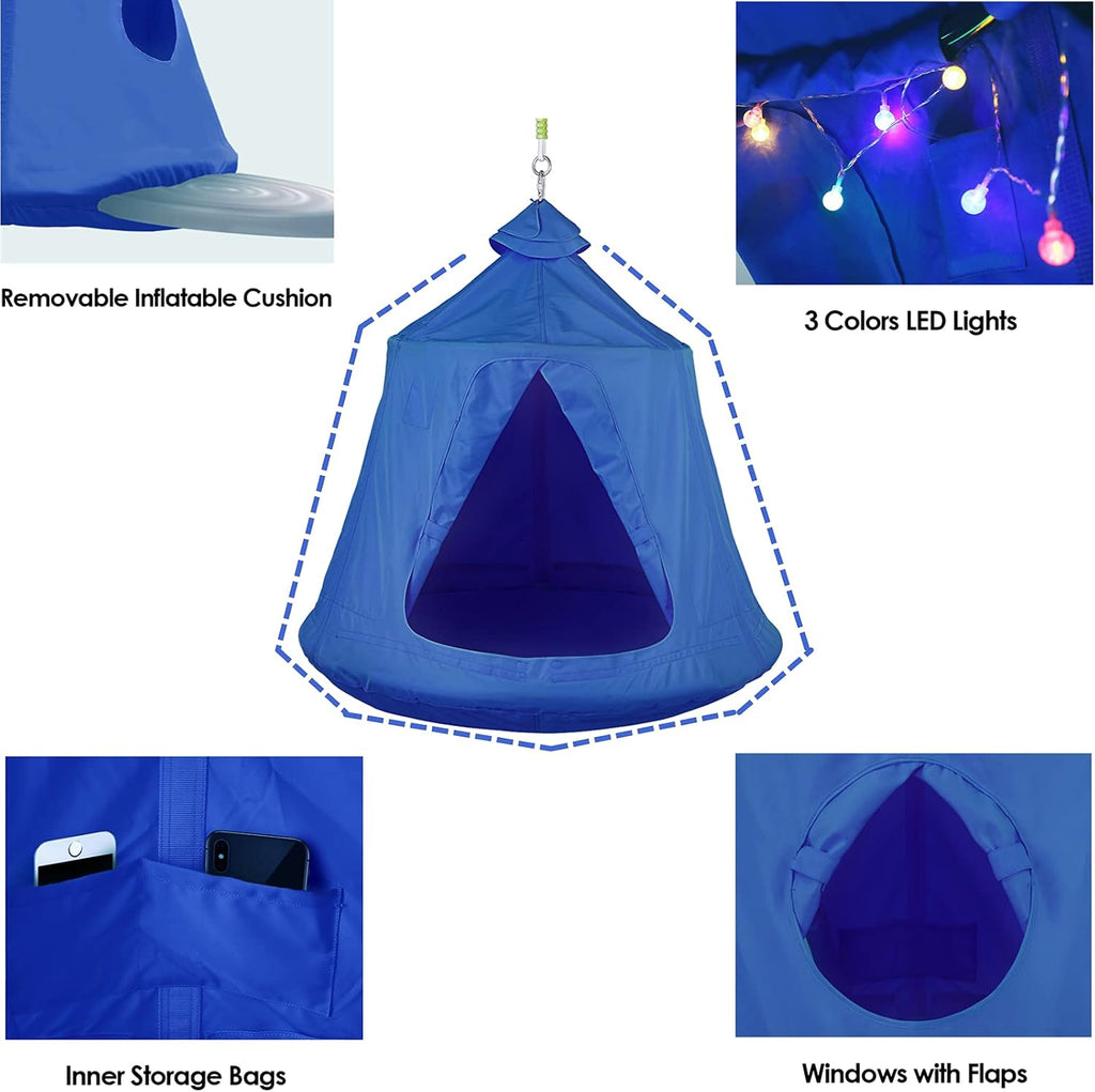 X-Shaped Hanging Tree Tent w/Swing Chair,Hammock Chair Stand Canopy w/Steel Frame,Indoor Outdoor Egg Basket Patio Seat w/Adjustable Solid Stand,Bedroom Porch Balcony Garden 330lb (Blue)