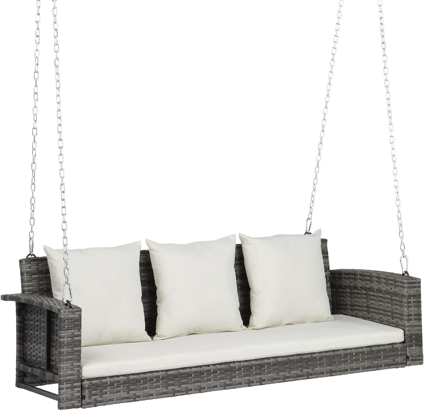 VINGLI Heavy Duty 800 LBS Wicker Hanging Porch Swing with Cushions & Chains, 5FT Outdoor Rattan Swing Bench for Garden, Yard, Lawn (Grey)