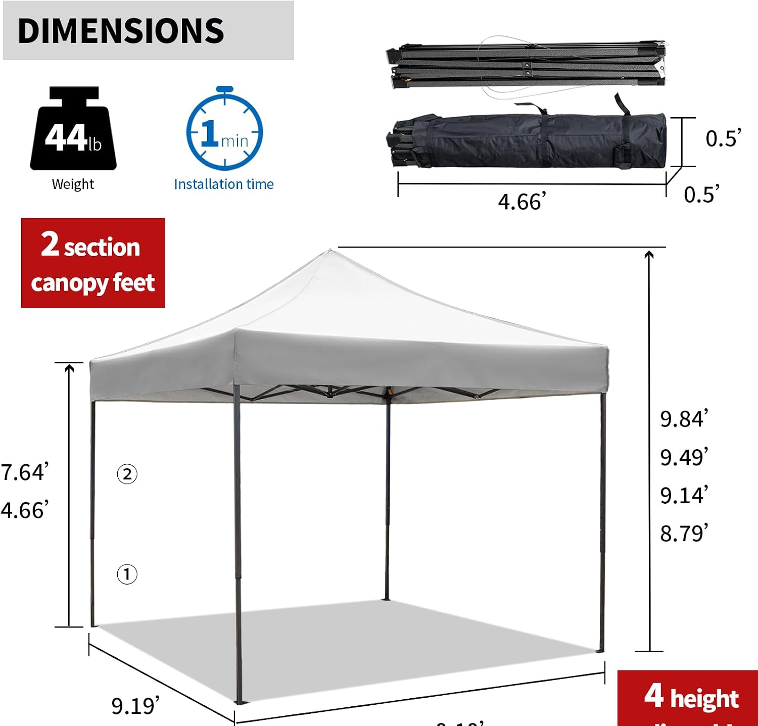 10x10 Pop up Canopy Tent with Awning Easy up Canopy with Wheel Bag Heavy Duty Waterproof Canopy Commercial Gazebo Tent for Outdoors Parties Vendors (Light Grey)