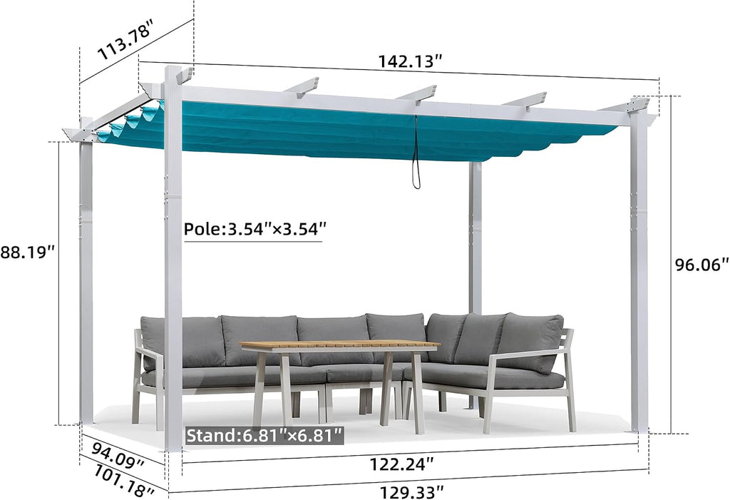 PURPLE LEAF 10' X 12' Outdoor Retractable Pergola with Sun Shade Canopy Cover White Patio Metal Shelter for Garden Porch Yard BBQ Beach Gazebo Grape Trellis Pergola, Turquoise Blue