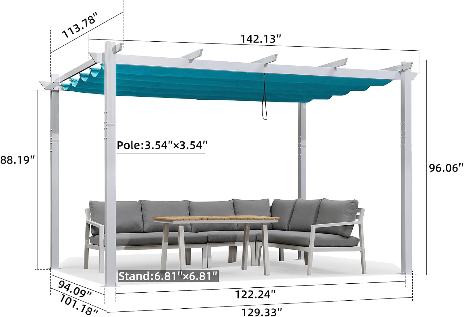 PURPLE LEAF 10' X 12' Outdoor Retractable Pergola with Sun Shade Canopy Cover White Patio Metal Shelter for Garden Porch Yard BBQ Beach Gazebo Grape Trellis Pergola, Turquoise Blue