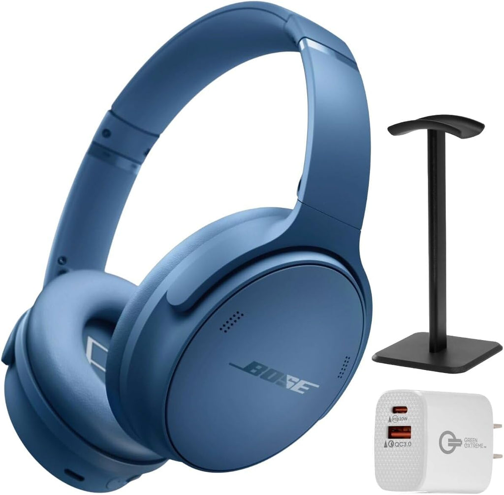 Bose QuietComfort Headphones - Wireless Bluetooth Headphones, Active Over Ear Noise Cancelling and Mic, Deep Bass Bundle + Desktop Headphone Stand + Green Extreme Dual Wall Charger (Blue Dusk)