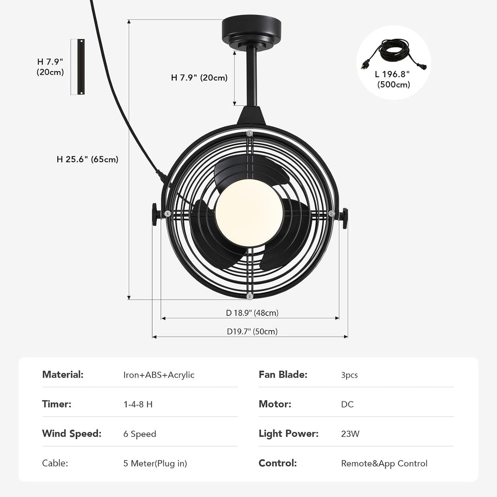 20' Outdoor Ceiling Fan with Lights, Waterproof Gazebo Hanging Fan with Remote Control, Plug in Caged Ceiling Fan with 3CCT Dimmable 6-Speeds for Patio Porch Pergola