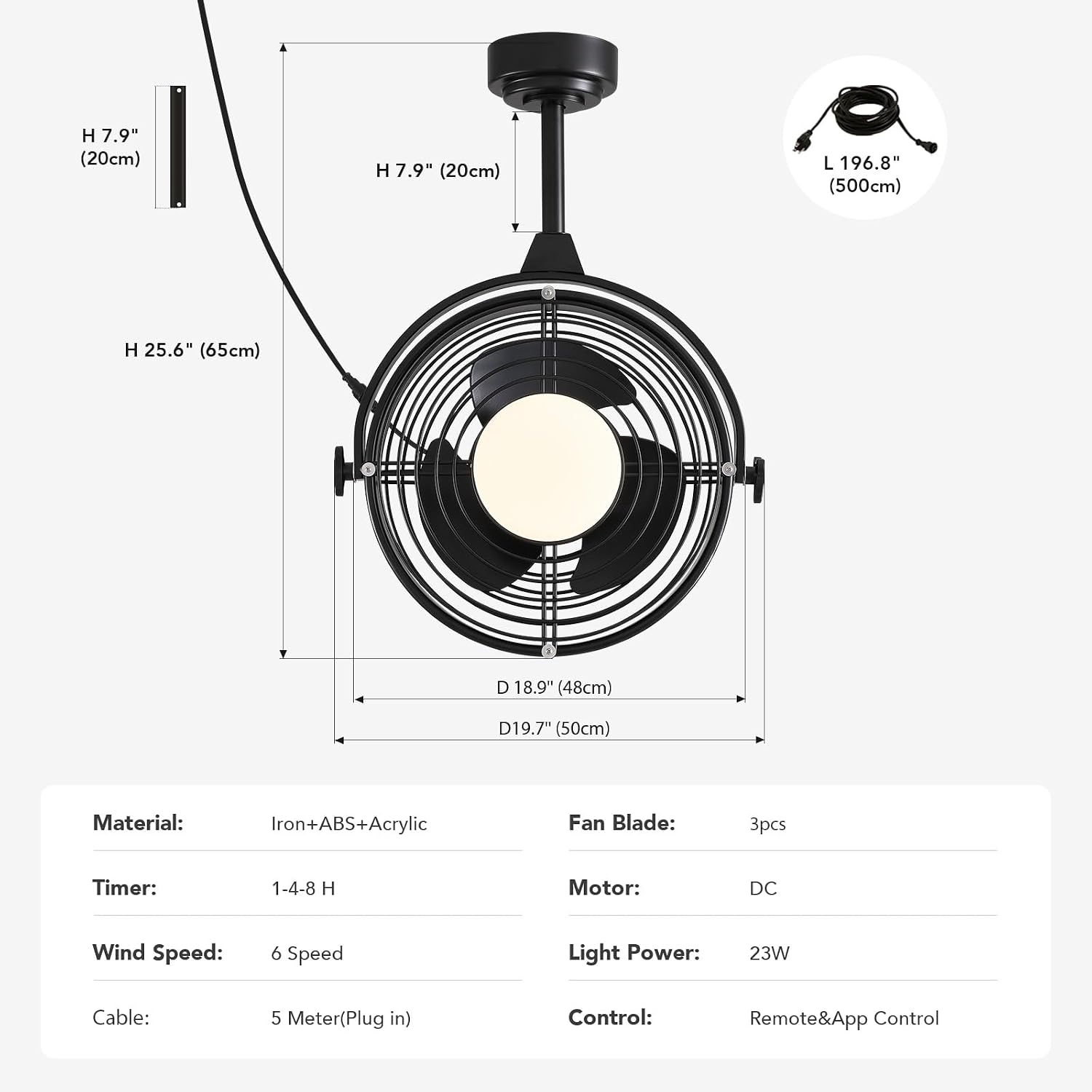 20' Outdoor Ceiling Fan with Lights, Waterproof Gazebo Hanging Fan with Remote Control, Plug in Caged Ceiling Fan with 3CCT Dimmable 6-Speeds for Patio Porch Pergola