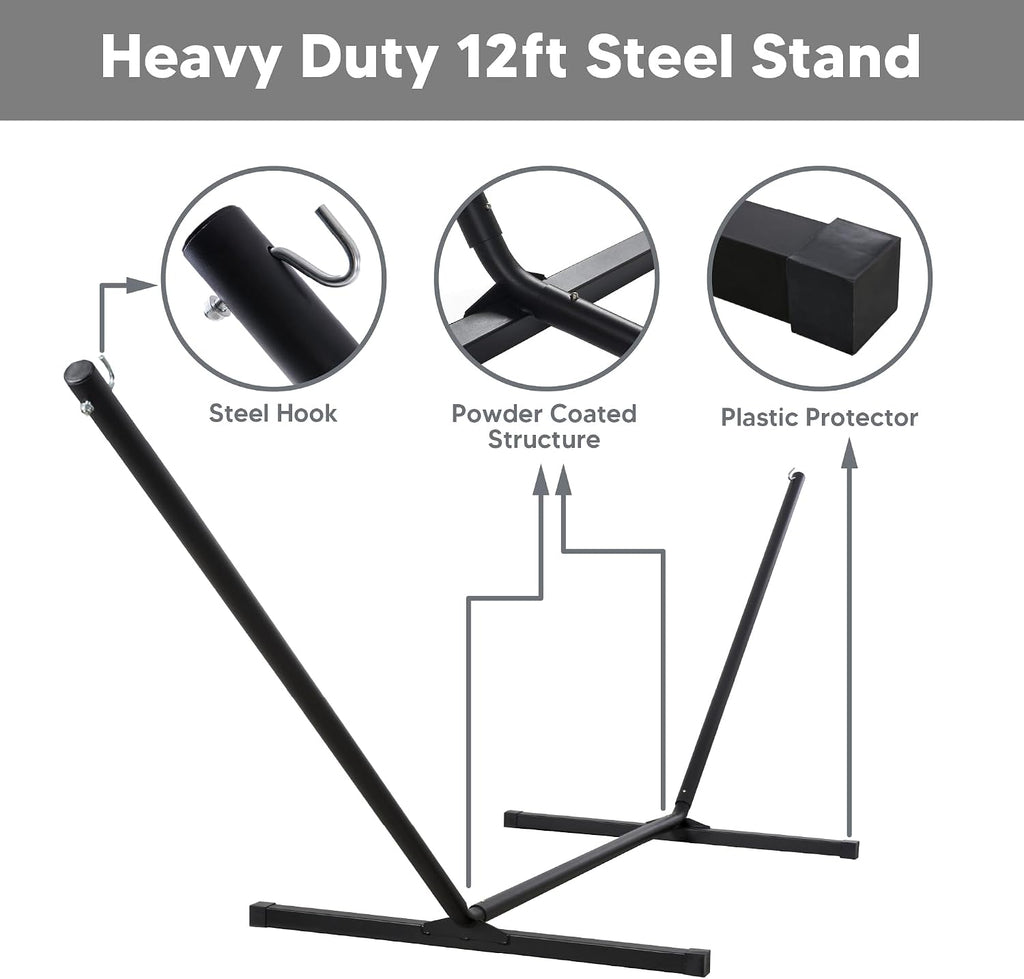 SUNCREAT Hammocks for Outside with Stand, Extra Large 2 Person Hammock with Stand, Carrying Bag, Dark Gray Drops