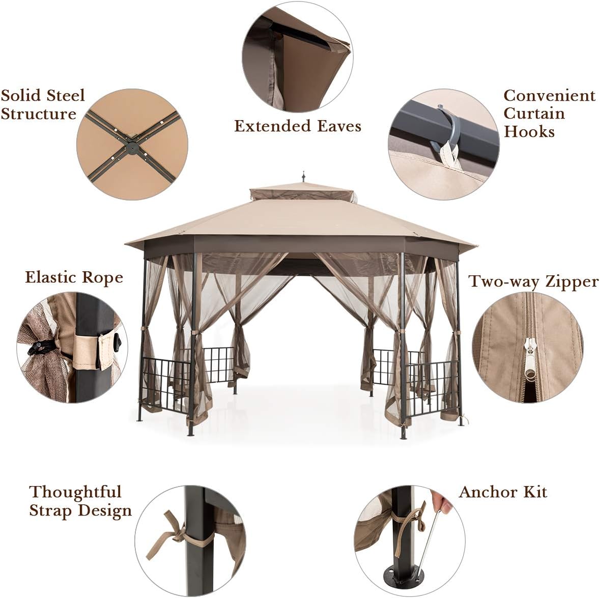 Tangkula 10 x 12 Ft Patio Gazebo, Heavy Duty Octagonal Canopy with Netting Sidewalls & Sturdy Steel Frame, Double Roof Vented Shelter for Backyard Event Party BBQ (Brown)