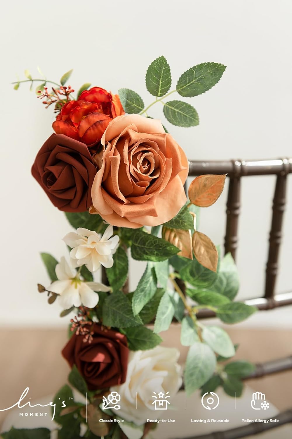 Ling's Moment Fall Wedding 10pcs Chair Decorations Aisle Floral Swag Artificial Pew Flowers Hanging Garlands Orange Terracotta for Ceremony Reception Church Rose Floral Arrangement Party Outdoor Decor