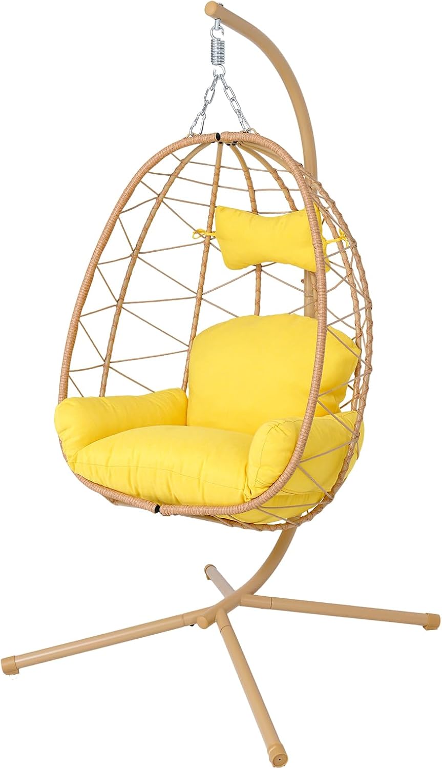 Egg Chair with Stand, Wicker Hanging Chair for Outdoor Patio, Cushioned Hammock Swing for Bedroom Garden Indoor/Outdoor, Double-Zipper Structure Hanging Egg Chair (Yellow and Yellow)