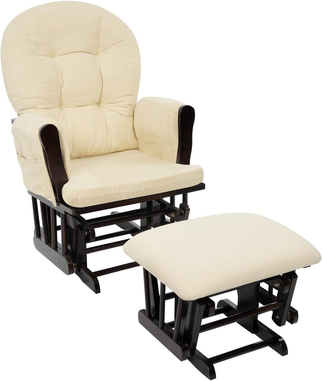 Naomi Home Brisbane Glider and Ottoman Set with Smooth Rocking & Gliding Motion, Ergonomic High-Back Support, Cushioned Armrests, Solid Wood Base, Storage Pockets, Espresso/Cream Nursery Chair