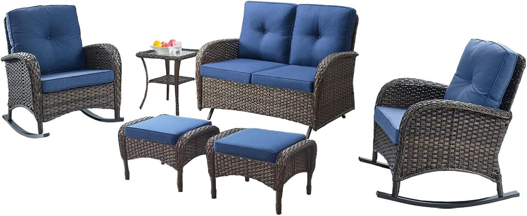 Belord 6 Pieces Outdoor Patio Furniture Set with Wicker Rocking Chairs, Rattan Patio Conversation Set with Glider Loveseat Ottomans and Side Table Brown/Blue