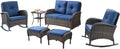 Belord 6 Pieces Outdoor Patio Furniture Set with Wicker Rocking Chairs, Rattan Patio Conversation Set with Glider Loveseat Ottomans and Side Table Brown/Blue