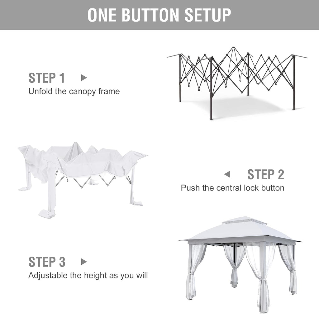 Pop Up Gazebo 11x11, Outdoor Instant Canopy Shelter Tent with Mosquito Netting Metal Frame Storage Bag for Patio Garden Backyard.(White)