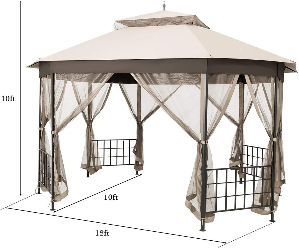 Tangkula 10 x 12 Ft Patio Gazebo, Heavy Duty Octagonal Canopy Gazebo w/Netting Sidewalls and Sturdy Steel Frame, Double Roof Vented Gazebo Canopy Shelter for Backyard Event Party BBQ (Beige)