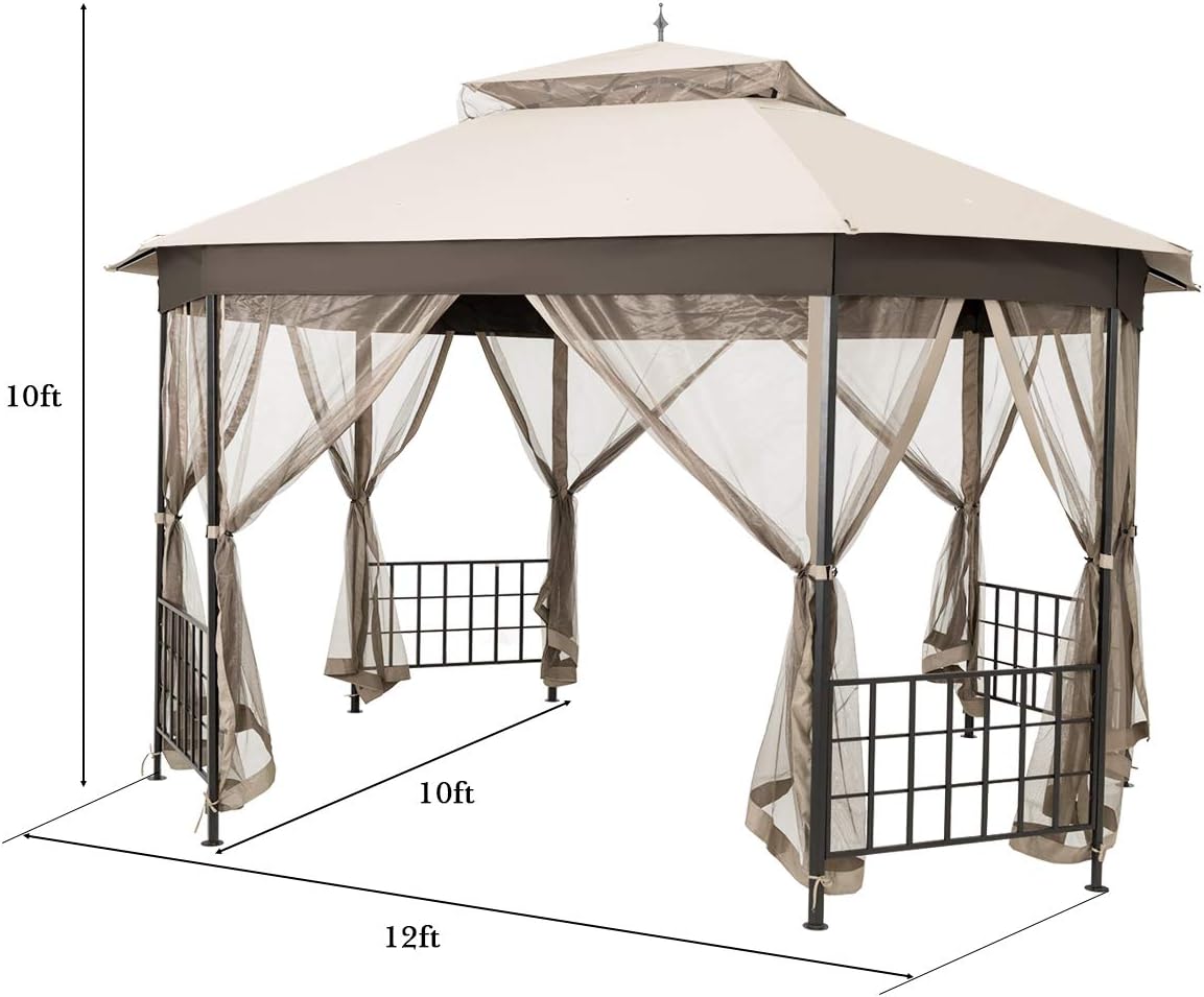 Tangkula 10 x 12 Ft Patio Gazebo, Heavy Duty Octagonal Canopy Gazebo w/Netting Sidewalls and Sturdy Steel Frame, Double Roof Vented Gazebo Canopy Shelter for Backyard Event Party BBQ (Beige)