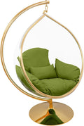 Hanging Chair - Transparent Acrylic Bubble, Waterdrop Shape, Indoor Swing Chair with Gold/Chrome Stand, Durable Fabric Cushion - Luxury Accent for Living Room, Bedroom (Gold/Green)