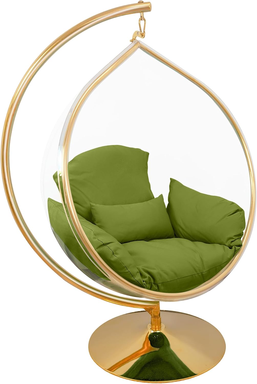 Hanging Chair - Transparent Acrylic Bubble, Waterdrop Shape, Indoor Swing Chair with Gold/Chrome Stand, Durable Fabric Cushion - Luxury Accent for Living Room, Bedroom (Gold/Green)