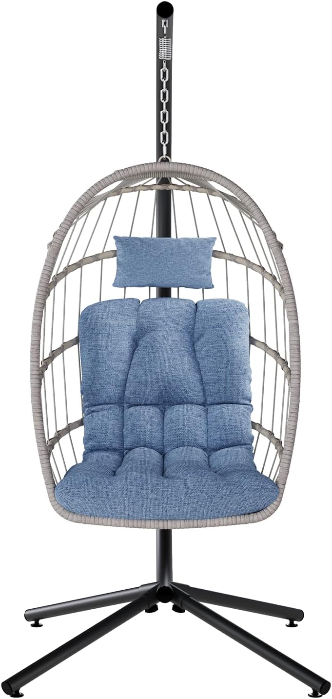 SWITTE Egg Chair Outdoor with Stand, Indoor Wicker Hanging Egg Swing Chair with Cushion, 350lbs Capacity for Patio, Bedroom, Garden - Light Blue
