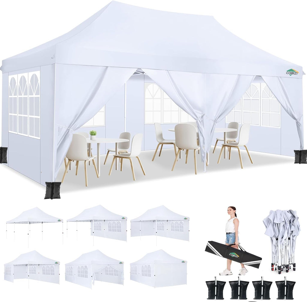 COBIZI 10x20ft Pop Up Canopy Tent with 6 Removable Sidewalls, Easy Up Commercial Canopy, Waterproof and UV50+ Gazebo with Portable Bag, Adjustable Leg Heights,Party Tents for Parties, with 4 Sandbags