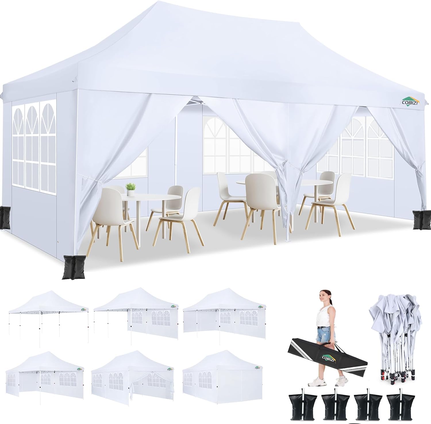 COBIZI 10x20ft Pop Up Canopy Tent with 6 Removable Sidewalls, Easy Up Commercial Canopy, Waterproof and UV50+ Gazebo with Portable Bag, Adjustable Leg Heights,Party Tents for Parties, with 4 Sandbags