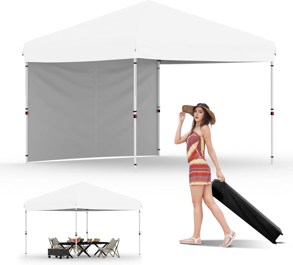 10x10FT Instant Pop Up Canopy Tent with 1 Side Wall, Heavy Duty Canopy Set, Waterproof and UV Protected Tailgate Tent for Outdoor Events (White)