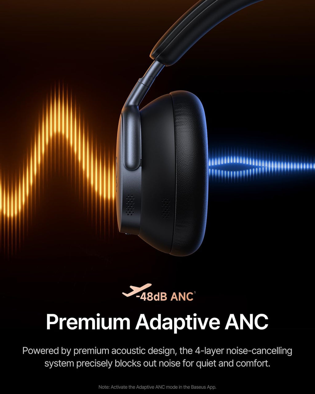 Baseus Inspire XH1 Adaptive Active Noise Cancelling Headphones, Sound by Bose, Dolby Audio, Premium Real-Time Adaptive ANC, Adaptive Tuning Rich Sound, Hi-Res Audio, 100H Playtime - Cosmic Black