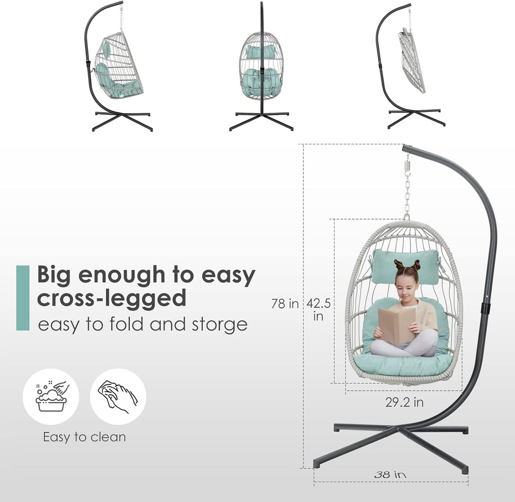 Brafab Egg Chair with Stand Indoor Outdoor Swing Egg Chair, Patio Wicker Hanging Chair with Stand Hammock Egg Chairs with UV Resistant Cushion and Aluminum Frame for Bedroom Balcony Garden Light Blue