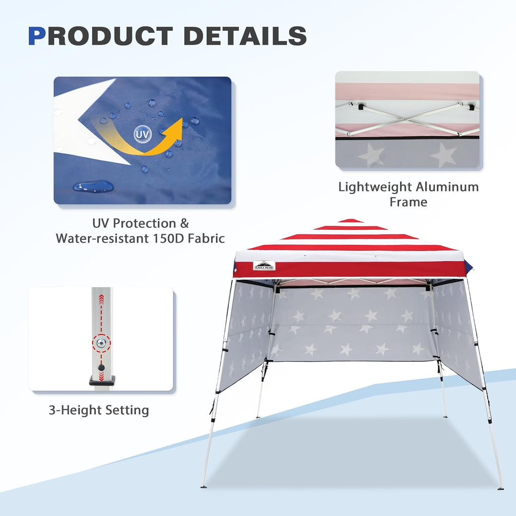 EAGLE PEAK Day Tripper 8x8 Aluminum Super-Lightweight Pop Up Canopy with 3 Removable Walls, Instant Outdoor Backpack Canopy Tent, Outside Beach Folding Sun Shelter, 8x8 Base 6x6 Top, American Flag