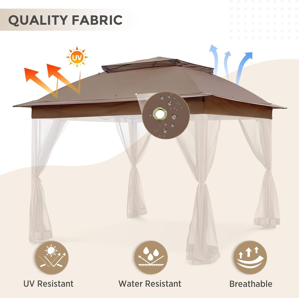 COOS BAY 11x11 Replacement Gazebo Top with Air Vent Sunshade Polyester Top Cover Only, Brown