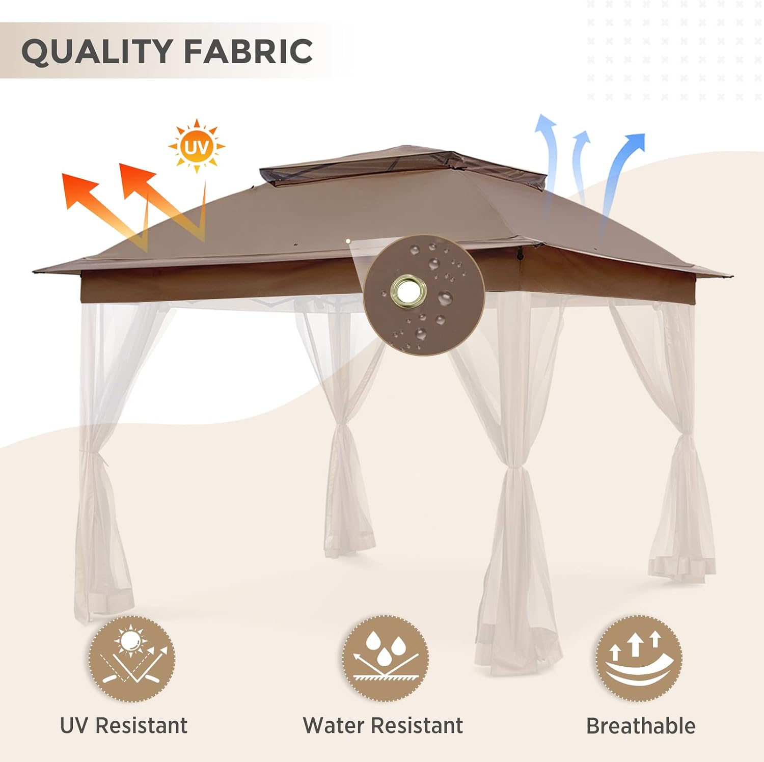 COOS BAY 11x11 Replacement Gazebo Top with Air Vent Sunshade Polyester Top Cover Only, Brown