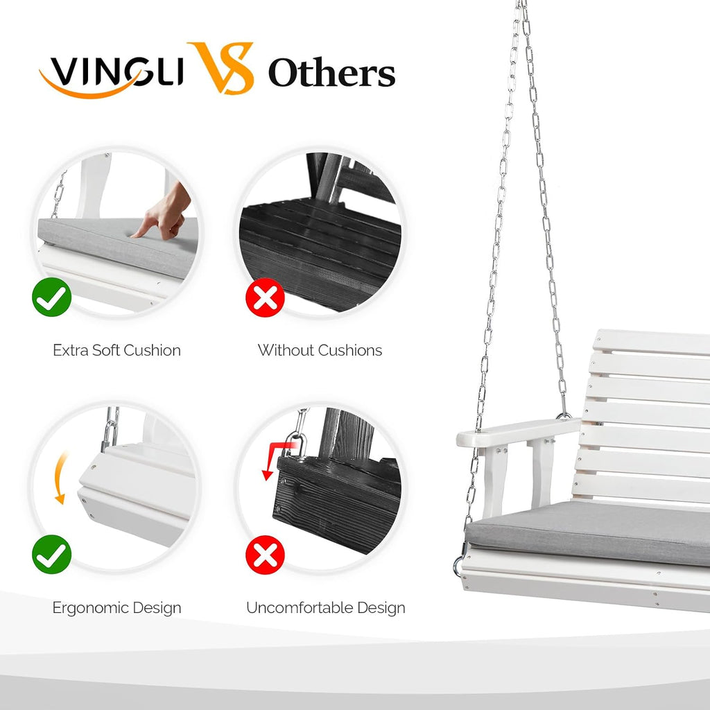 VINGLI 5 FT Outdoor Porch Swing with Frame, Patio Hanging Swing & Stand with Extra Cushions Heavy Duty 880 LBS for Yard, Garden, Pool, Deck, White