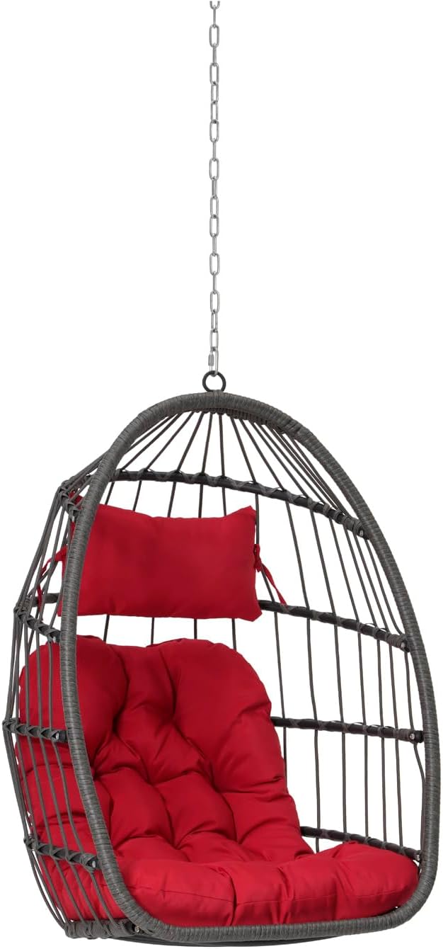 Egg Swing Chair with UV Resistant & Strong Frame, Wicker Rattan Egg Chair with Stand, 360 lbs Capacity Hanging Chairs for Indoor & Outdoor Use, Patio Balcony Garden Bedroom, Red