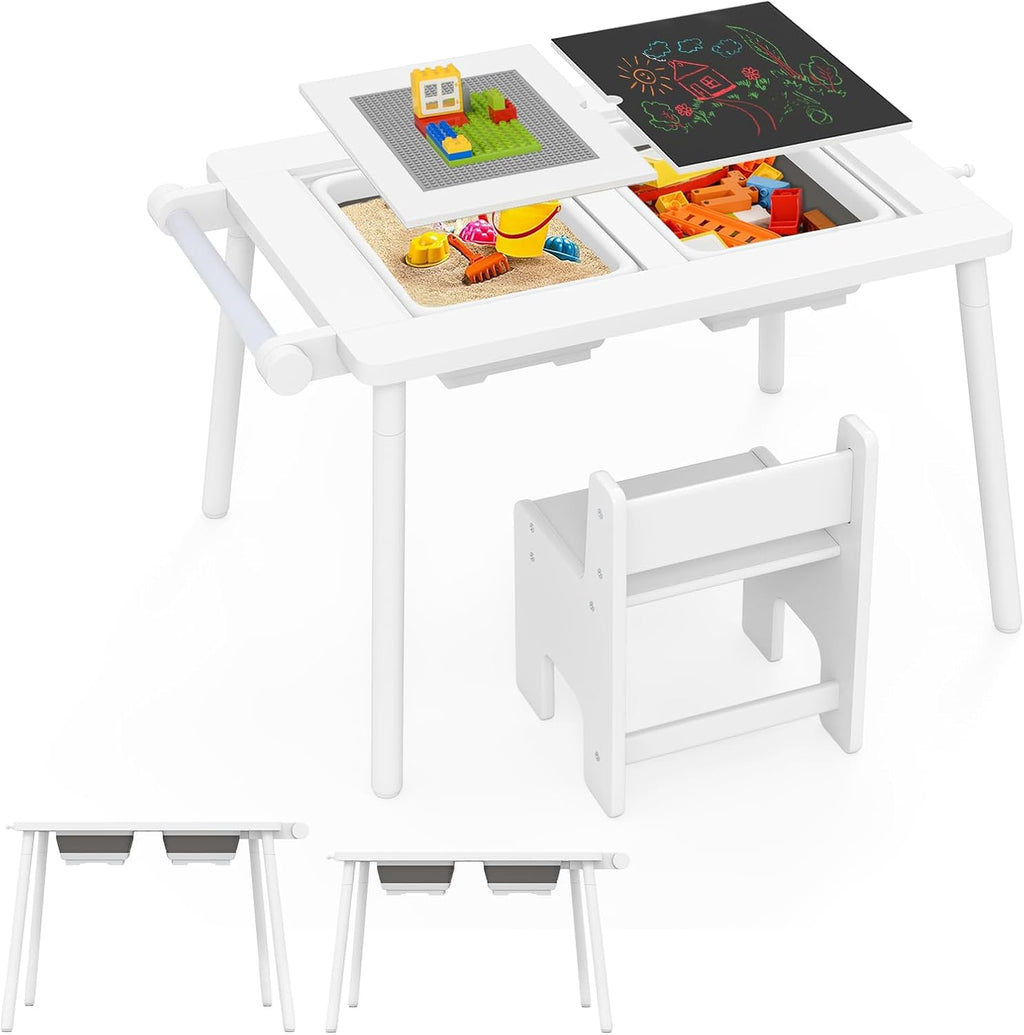 Costzon Kids Table and Chair, 6 in 1 Sensory Desk Set w/Storage Bins, White & Black Board, Building Blocks and Paper Roll for Drawing & Sand Water Playing, Toddler Table and Chair Set (White)