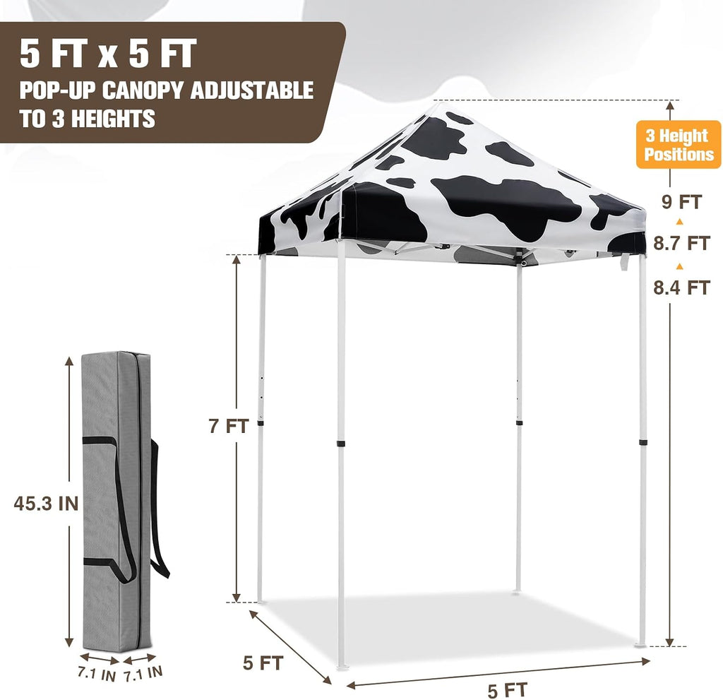EAGLE PEAK 5x5 Pop Up Canopy Tent Instant Outdoor Canopy Easy Set-up Straight Leg Folding Shelter, Cow Print