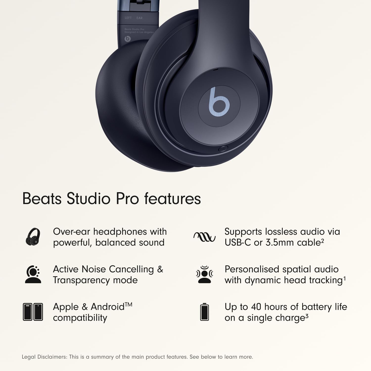 Beats Studio Pro Premium Wireless Over-Ear Headphones- Up to 40-Hour Battery Life, Active Noise Cancelling, Great for Travel & Commuting, USB-C Lossless Audio, Apple & Android Compatible - Navy