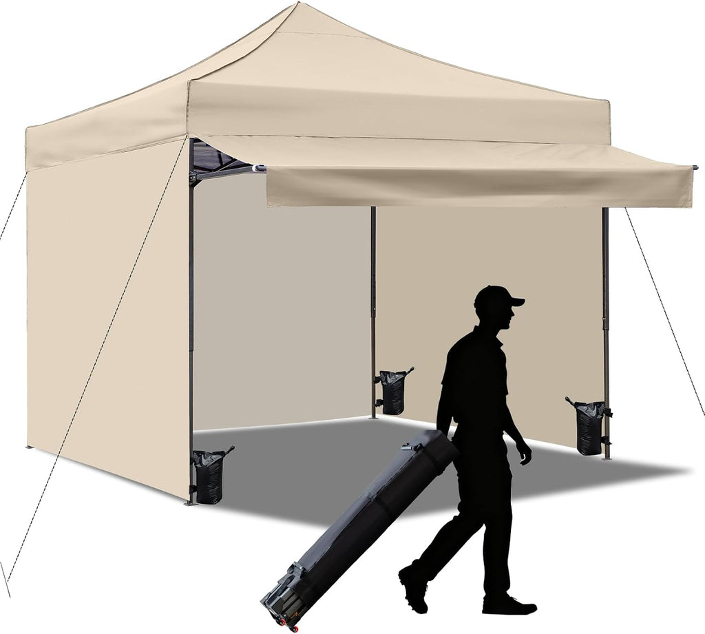 10x10 Pop up Canopy Tent with Awning Easy up Canopy with Wheel Bag Heavy Duty Waterproof Canopy Commercial Gazebo Tent for Outdoors Parties Vendors (Khaki)