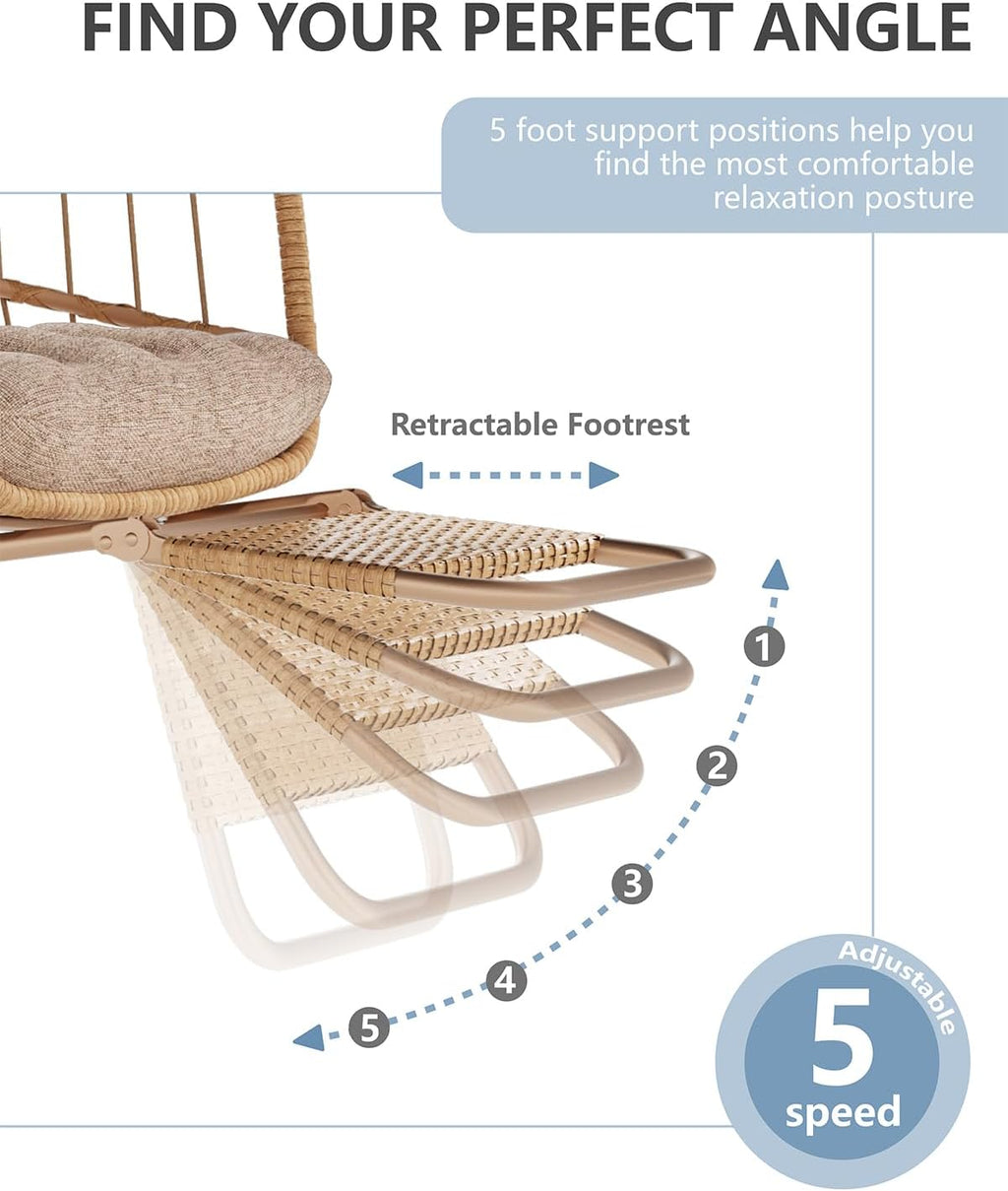 SWITTE Egg Chair Outdoor with Footrest & Stand, Indoor Wicker Hanging Egg Swing Hammock Chair with Cushion for Patio, Bedroom, Garden - Natural