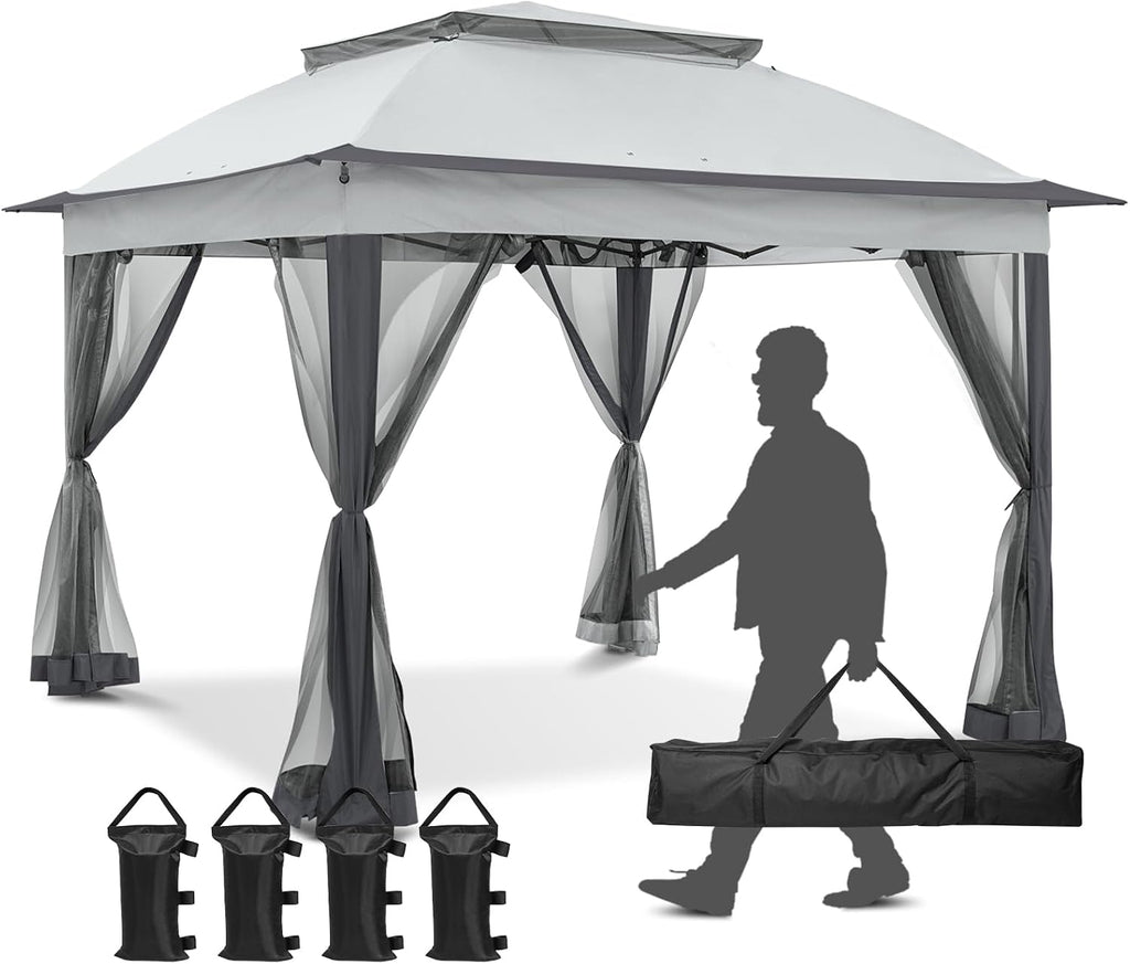 11x11 Pop Up Gazebo Tent with Mesh Netting, Instant Outdoor Canopy with UPF 50+ UV Protection, Water Resistant, Gray