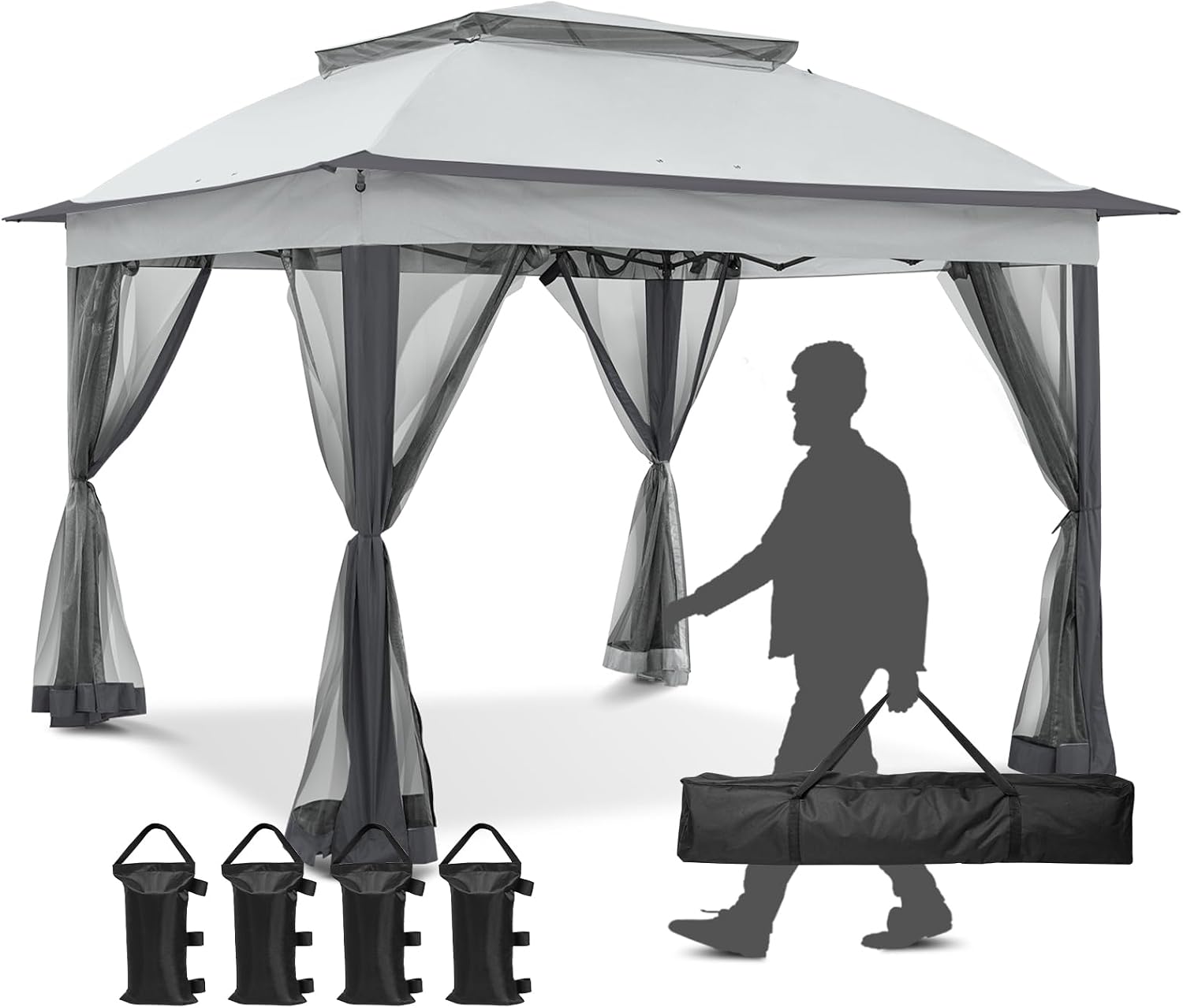 11x11 Pop Up Gazebo Tent with Mesh Netting, Instant Outdoor Canopy with UPF 50+ UV Protection, Water Resistant, Gray