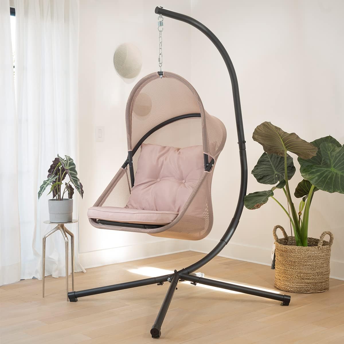 Barton Hanging Chair Egg Chair Cushion w/Canopy Indoor/Outdoor Basket Lounge Seat Collapsible Egg Chair, Beige