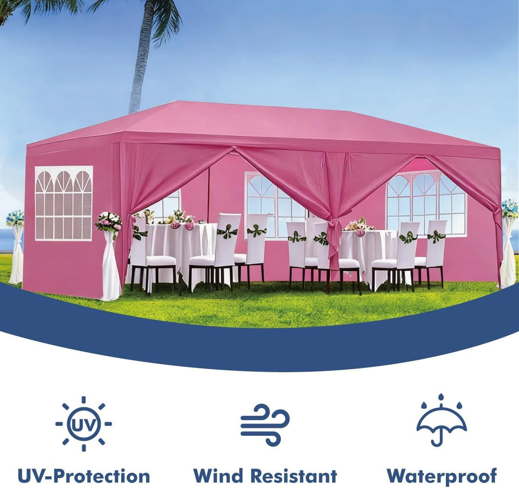 10X20' Outdoor Party Tent with Waterproof for Wedding, Party Tent with Removable Sidewalls, Pop Up Gazebo with Event (Pink)