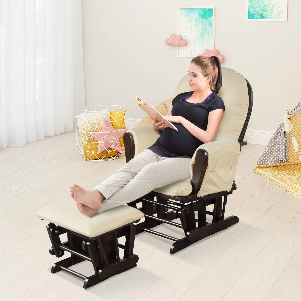 Costzon Nursery Glider with Ottoman, Upholstered Comfort Glider Rocker with Padded Cushion, Storage Pocket, Solid Wood Base, Rocking Chair Nursery for Breastfeeding, Napping (Beige)