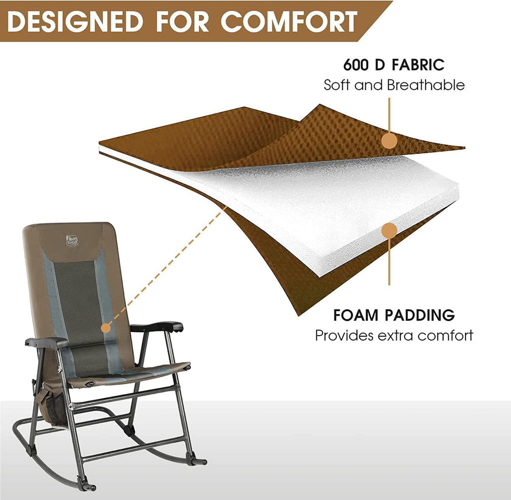 TIMBER RIDGE Outdoor Folding Rocking Chair, 29' Padded High Back Neck & Back Support, Hard Armrests for Easy Stand Up, Stable Steel Frame Supports 300 lb, Quick Fold for Patio, Lawn & RV Camping,Brown