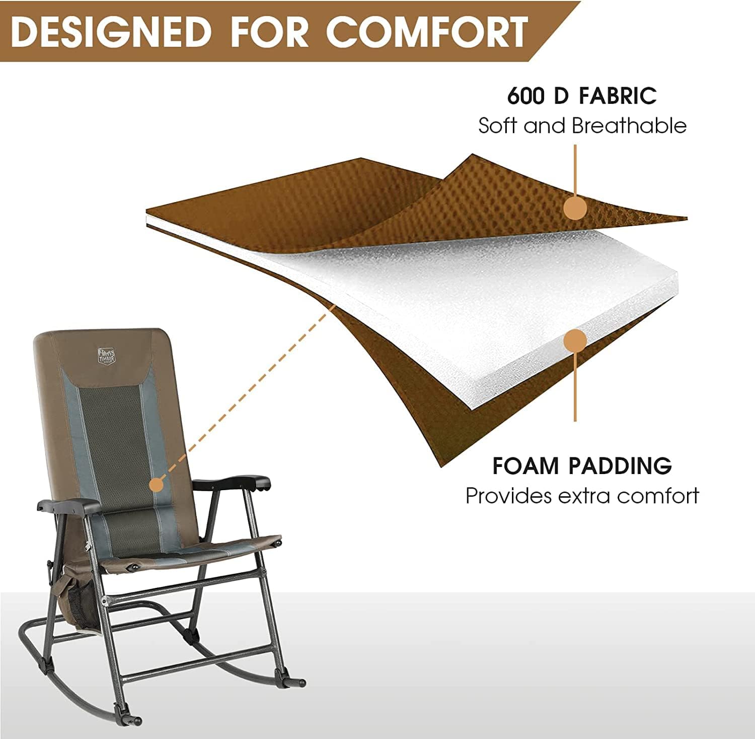 TIMBER RIDGE Outdoor Folding Rocking Chair, 29' Padded High Back Neck & Back Support, Hard Armrests for Easy Stand Up, Stable Steel Frame Supports 300 lb, Quick Fold for Patio, Lawn & RV Camping,Brown